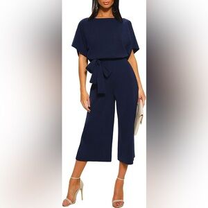 CHARTOU Women's XS Short Sleeve Wide Leg Cropped Capri Romper Palazzo Jumpsuit